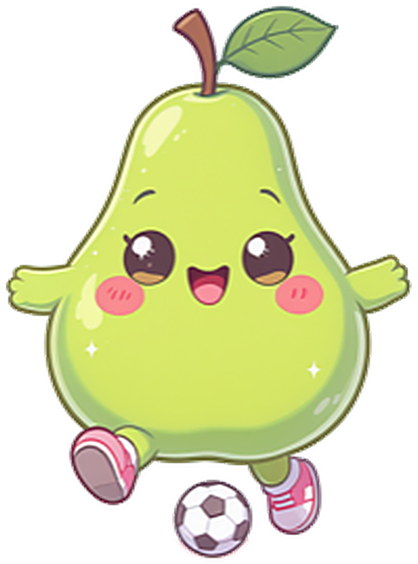 PearCup mascot — a kawaii pear kicking a football