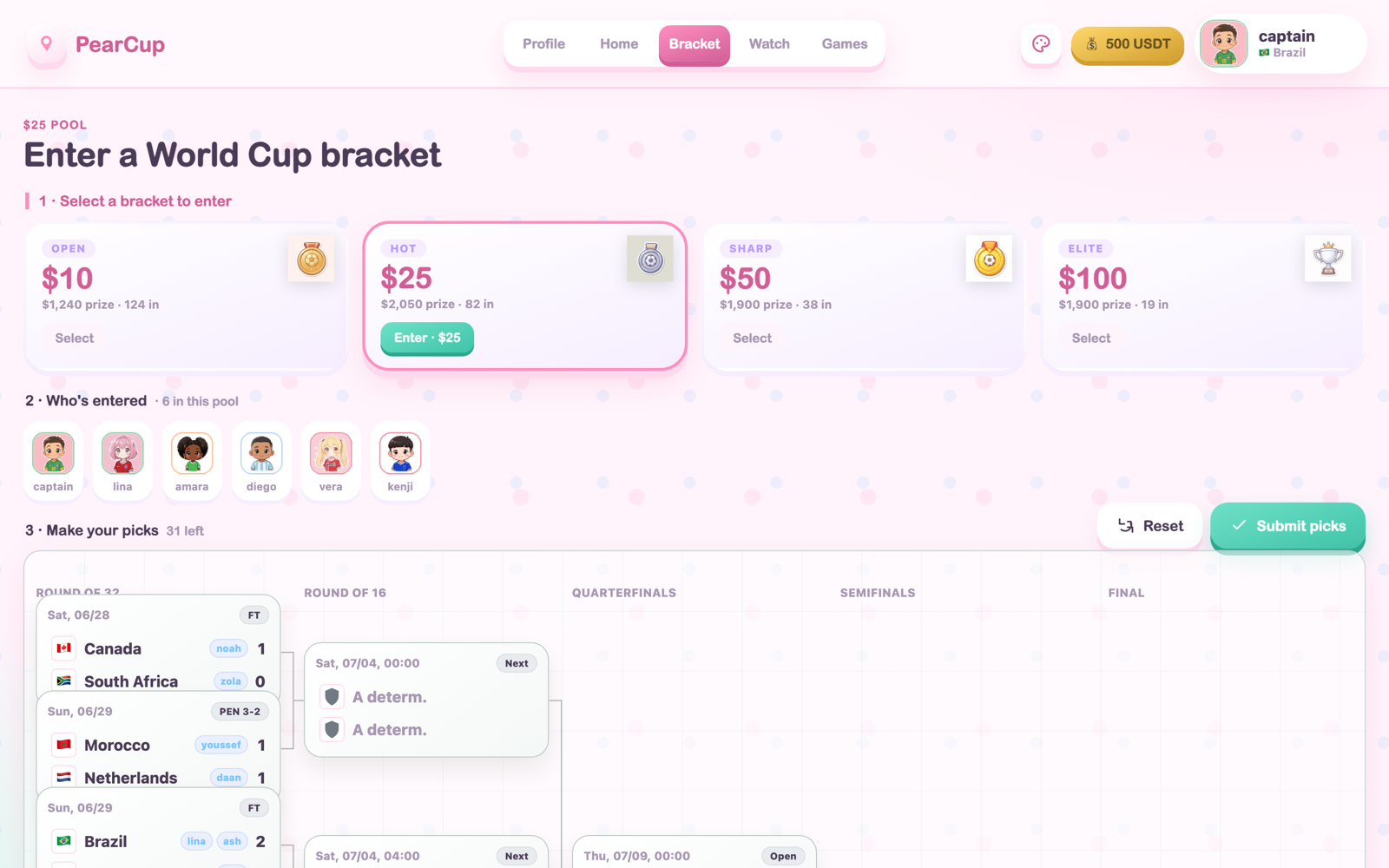 PearCup bracket screen: four USDT pool tiers from $10 to $100 and a full World Cup bracket tree from the Round of 32