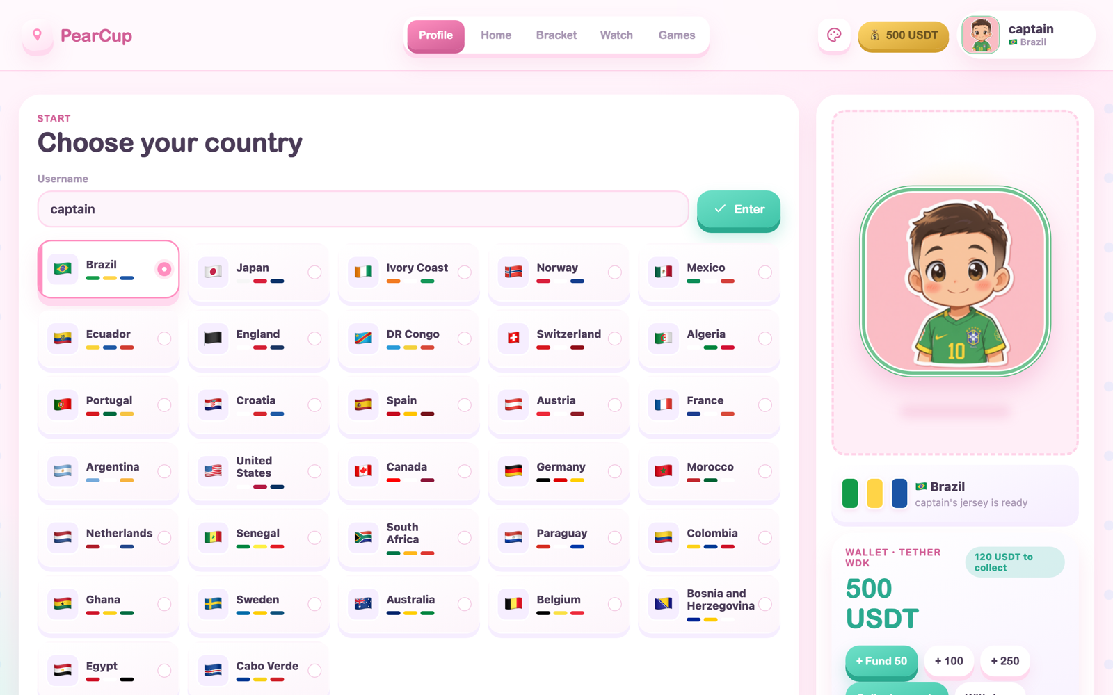 Onboarding screen: choose your country from a flag grid and preview your kawaii avatar
